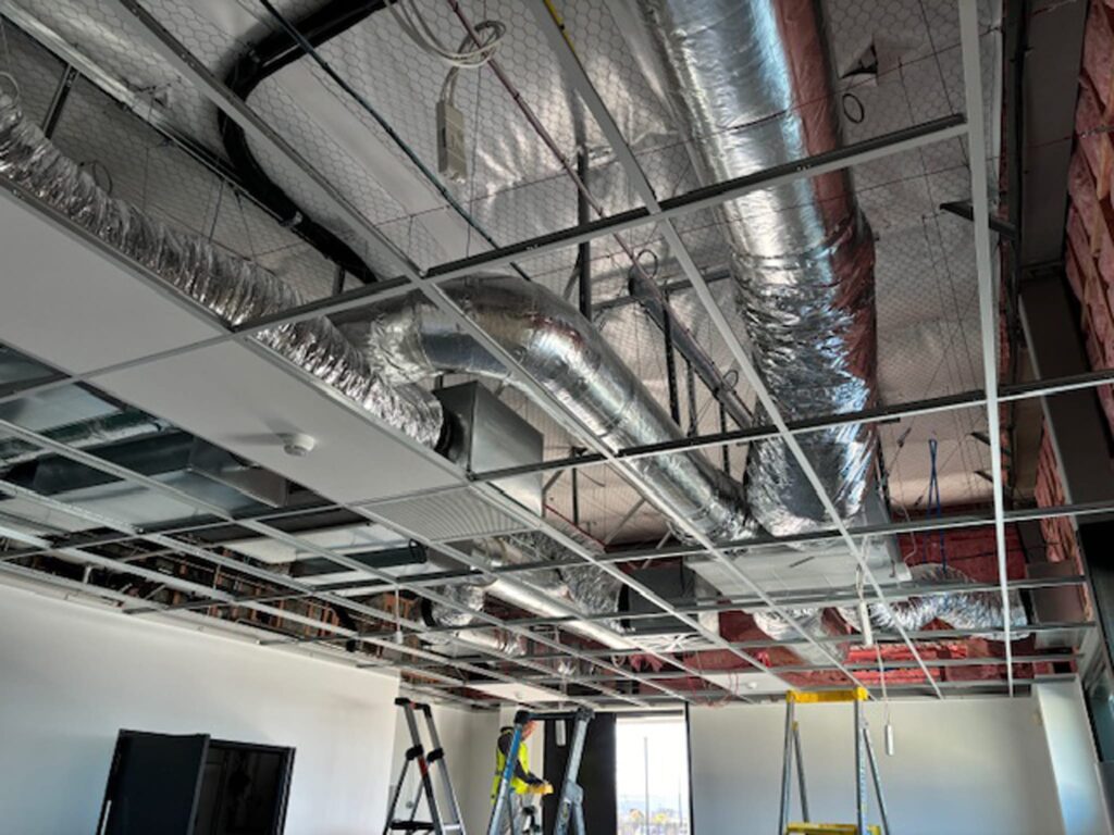 Ceiling-mounted HVAC and ventilation systems installed by Beattie Air at Waterloo Business Park, Halswell, Christchurch, featuring energy-efficient air conditioning and ducted heating systems